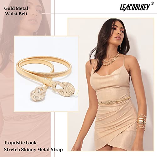 LEACOOLKEY Women Metal Skinny Belt for Dress Gold Elastic Thin Waist Belt Stretch Dress Belt2