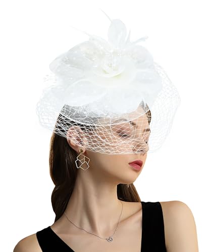 Focupaja Tea Party Sombreros Fascinador Malla Flor Sombrero Boda con Malla Velo Plumas Diadema Derby Carnaval Carreras de Caballos Cóctel Tocado para Mujer-48-White
