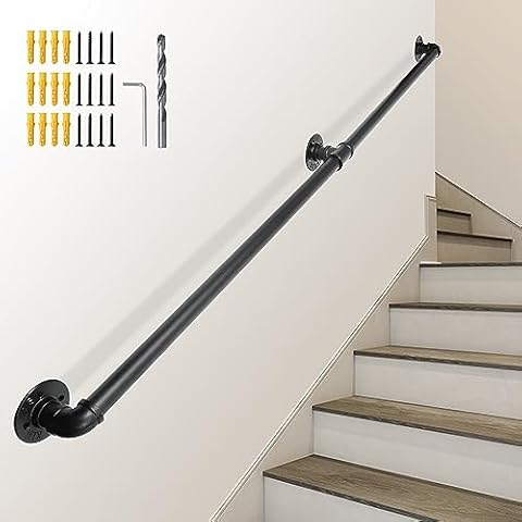 SCIEO 6.6FT Hand Rails for Indoor Stairs Industrial Staircase Handrail, Wall Mount Stair Banister Railing Metal Galvanized Steel Handrails Non-Slip Grab Bar for Indoor Outdoor Steps Stairs Porch Deck Cover