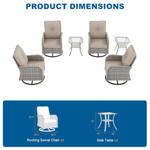 Image of 6-Piece Small Patio Furniture Set, Outdoor Swivel Rocking Chairs Set with Wicker Chairs and Tempered Glass Side Table, Outdoor Furniture Patio Bistro Set for Balcony, Deck, Porch