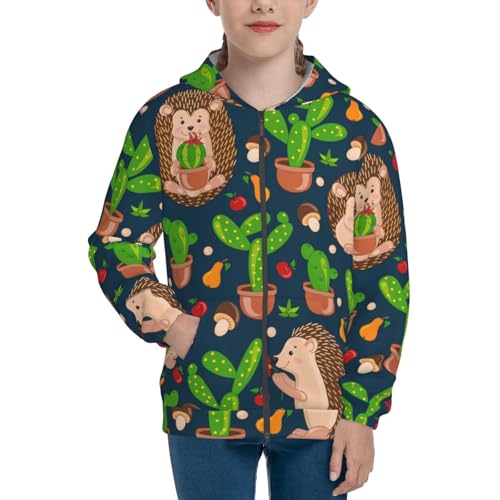 Cute Hedgehogs Cactus Blue Kids Pullover Hoodies Boys Zip Up Sweatshirts Girls Athletic Clothes with Pocket3