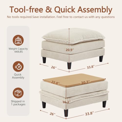 Image of Corduroy Storage Ottoman Coffee Table for Modular Sectional Couch, Corduroy Footrest Extension with Hidden Storage, Modern Soft Cushioned Stool for Living Room, Cream
