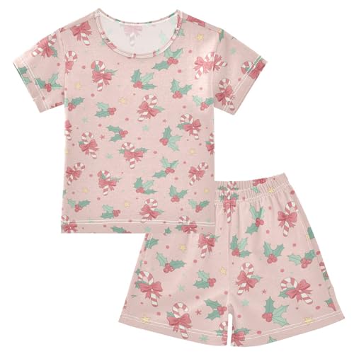Pajama Short Sets Candy Canes with Holly Leaves Soft Cotton Summer Sleepwear 2 Piece PJS Size 5-14T