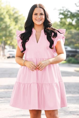 Image of Fisoew Plus Size Dresses for Women Summer Ruffle Short Sleeve V Neck Dress Tiered Swing A Line Babydoll Mini Dress