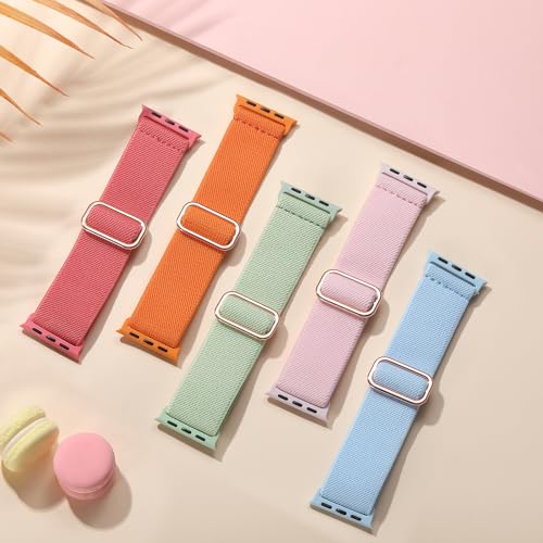 Image of Easuny 5 Pack Stretchy Bands Compatible with Apple Watch 40mm 41mm 42mm 38mm 44mm 45mm 46mm Women, Elastic Fabric Nylon Strap Wristband for iWatch SE 3 2 1 Series 11 10 9 8 7 6 5 4 3 Boho Solo Loop