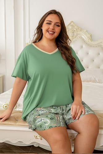 Image of Vozanet Women's Short Sleeve Top and Shorts Pajama Sets Plus Size V Neck Colorful Flower Nighty Loungewear With TWO Pockets
