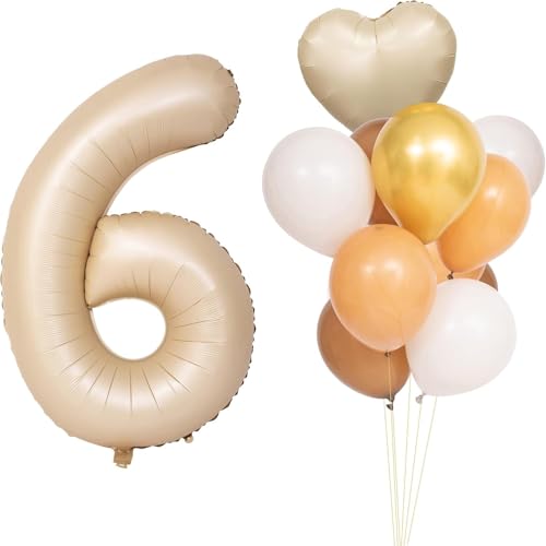 数字 バルーン くすみ キャラメルライトブラウン 数字バルーン 6歳 誕生日 飾り付け 風船セット 巨大な数字バルーン6 8ラテックスバルーンとハートバルーン付き 結婚式 子供誕生日 パーティー 飾り付け (6,くすみホワイト)