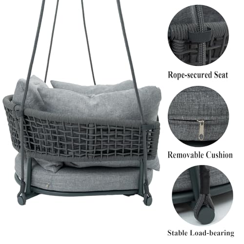 Image of Single Porch Swings Chair with Cushions, Hanging Rope Swing, Hanging Chair for Bedroom, Hammock Chairs Swing Indoor & Outdoor, Macrame Hanging Swinging, Patio, Balcony, Light Grey