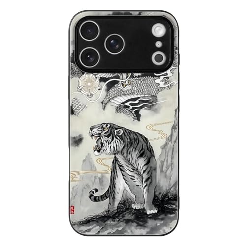 Iphone17用ケース 和風 絵画 水墨画 龍虎 アイフォン 17 Pro Max用 カバー 強化ガラス スマホケース おしゃれ 人気 個性 創意 キャラクター 携帯ケース 耐衝撃 ワイヤレス充電対応