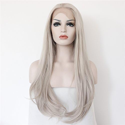 xiweiya Long Straight Silver Platinum Blonde Lace Front Lace Wigs Synthetic Ash Blonde Straight Heat Resistant Fiber Wigs Middle Parting Wig for Women