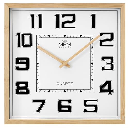 MPM Quality Orologio da parete in legno, quadrato, numeri arabi, marrone chiaro/nero/bianco, movimento al quarzo Sweep, ∅ 292 x 45 mm, moderno, orologio da parete, decorazione da parete, decorazione