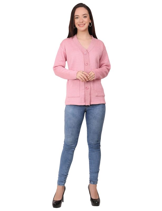 Image of MANRA Women's Woolen V-Neck Buttoned Full Sleeve Cardigan Self Design Soft Wool Fabric Winter Wear Pure Wool Sweater Fully Warm, Front Pockets Cardigan