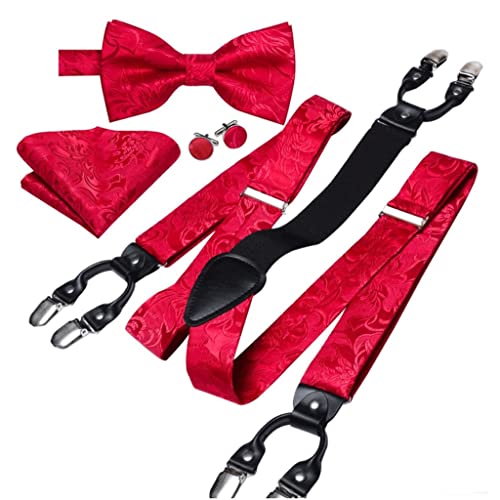 Zydxdll Silk Mens Suspenders Red Floral 6 Clips Braces Bowtie Pocket Square Cufflinks Set For Men Suspender Wedding Party (Color : Red, Size : One Size) #TOP13