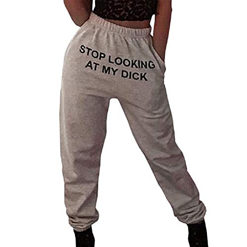 Damen Cargohose Sport Bedruckt Slogan Stop Looking at My Hohe Taille Style Hip Hop Jogginghose für Damen(Grau,3XL) Cover