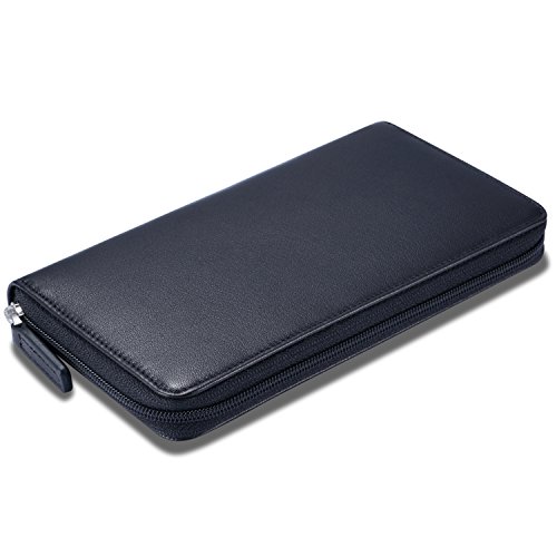 Image of HISCOW Leather Checkbook Cover, Zippered Wallet with Card Slots, Black | Full grain cowhide, 5cc & ID window, personal check book & register pockets, removable duplicate divider, women secure zipper
