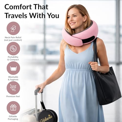 Image of Travel Neck Pillow,Ergonomic 360 Memory Foam Support for Head, Neck. Adjustable for Long Flights. Soft &Washable Cover, EVA Box, 3D Eye Mask, Earplugs, Hair Tie & Luxury Bag (Pink)