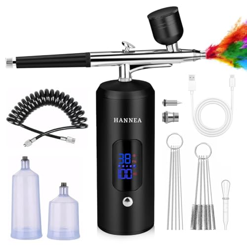 Image of HANNEA Airbrush Kit Rechargeable LCD Air brush Spray Gun with 3 Pressure Level 0.3mm Nozzle Air Brush for Painting & Airbrush Makeup Machine for Barber, Nail Art, Cake Decor, Model Painting(Black)