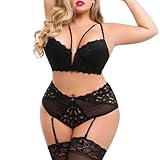 Lovehoney Lingerie Women's Black Parisienne Longline Plunge Padded Bra & High Waisted Thong Set - Crotchless - Plus Size: 18-20