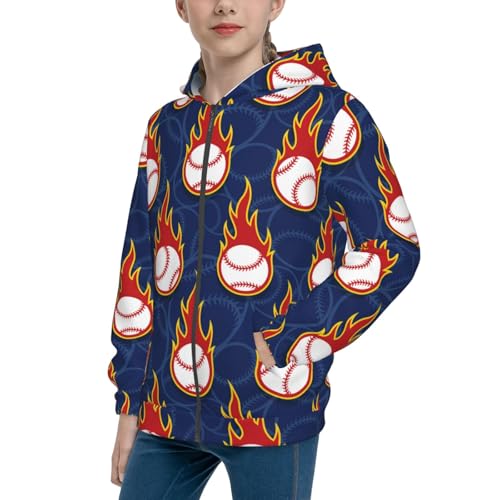 Baseball Ball and Flames Kids Pullover Hoodies Boys Zip Up Sweatshirts Girls Athletic Clothes with Pocket