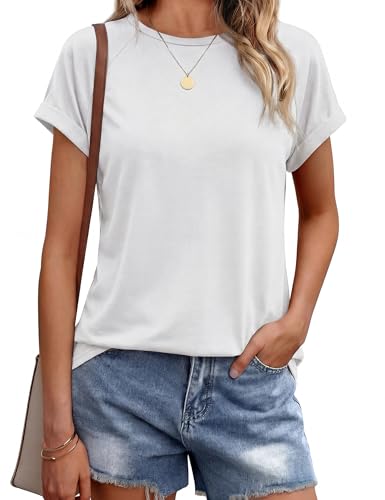 Leversic Casual Women Tops Plain Short Sleeve T-Shirt Crew Neck Regular Fit Summer Tunic Basic Tee (White,L)