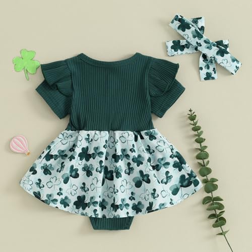 Newborn Baby Girl St. Patrick's Day Outfit Clover Romper Dress Ruffle Short Sleeve Jumpsuit Bodysuit with Headband3