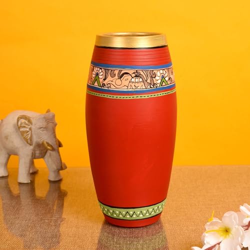 Image of Aakriti Art Creations Handcrafted Red Madhubani Terracotta Vase (9x4 HxD) | Traditional Hand-Painted Flower Vase | Matte Finish Decorative Vase for Living Room Decor, Shelf Decor & Gifting