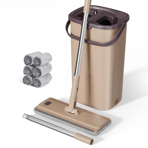 Masthome Squeegee Mop and Bucket with 6PCS Mop Pads Easy Self Cleaning Flat Mop and Bucket Sets Handwash Free Wet and Dry Use on Floor Masthome