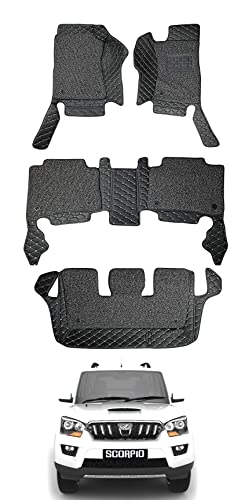Image of Auto Hub 7D car mat Mahindra Scorpio (7 Seater)(Model: 2014-2021), Luxury Double-Stich 7d Car Floor Mat Complete Set, 100% Waterproof and Washable, Color : Black
