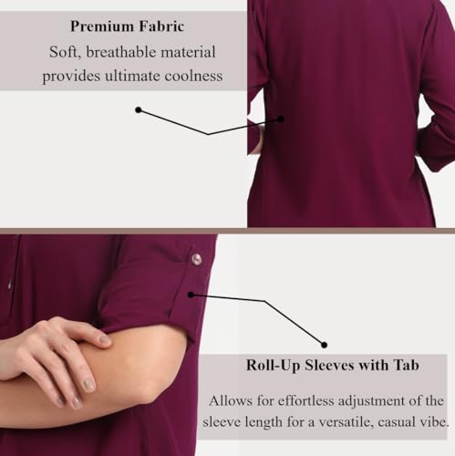 Image of Women's Roll-Up Sleeve Tunic Top, V-Neck with Button Front, Side Pockets, Rayon Short Kurti