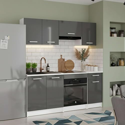 Miroytengo Cocina Modular Completa 180 cm, Muebles de Cocina 6 módulos Vetro Gris Brillante y Blanco