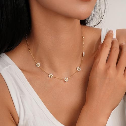 Ursteel Daisy Pearl Necklace for Girls, 14K-Gold-Plated Pearl Necklace for Women Gift for Tween Teenage Teen Girl Gifts Trendy Stuff 8 9 10 11 12 13 14 Year Old Girl Birthday Gift — view 3