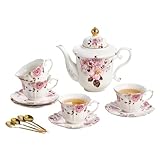 TATSUMI Country Roses Porcelain Tea Set, European Ceramic tea set for adults,Vintage Style, For Women and Tea Parties (Chocolate Red, 13 Pieces Set)