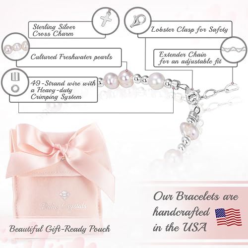 Beaded Bracelets for Girls, Sterling Silver Cross Charm Bracelet White Cultured Freshwater Pearl, Baby Girl Keepsake, Christening, Baptism Gifts for Girl3