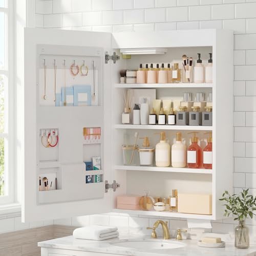 3 Shelves LED Bathroom Mirror Cabinet with Shaver Socket Wall Mounted Mirror Cabinet with 3 Colors Adjust-Lights&Concealed Storage Single Door Bathroom Cabinets with Mirror Bathroom Storage Cupboard