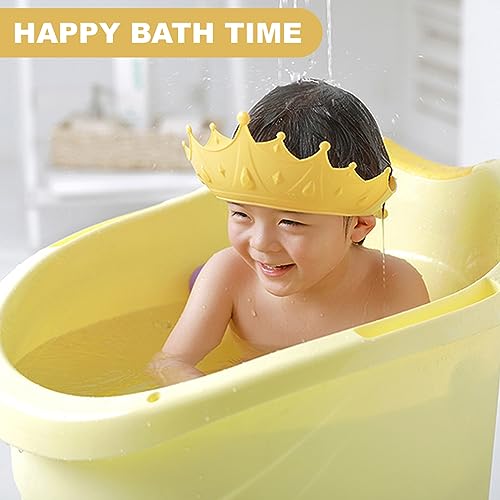 Image of Baby Shower Cap - Adjustable Shampoo Cap for Toddlers 6M-9T, Bath Visor for Kids with Crown Design, Waterproof Hair Washing Shield for Eye & Ear Protection (Yellow)