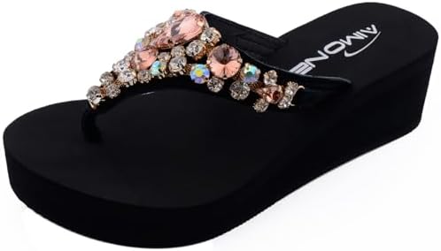 AIMONE_Aurelie Flip Flops for Women Black Platform Wedge Peach Bling Rhinestone Sandals