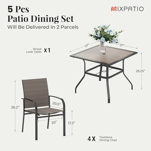 Image of MIXPATIO 5 Pieces Patio Table and Chairs Set, 4 Person Outdoor Dining Furniture Set, 4 Brown Textilene Chairs and 37 inch Wood-Like Table Top Table with Umbrella Hole, for Deck Backyard Lawn