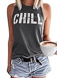 Dokotoo Womens Ladies Summer Casual Letters Print Graphic Tees Crewneck Cotton Soft Sleeveless Blouse Shirts Workout Long Cami Tank Tops for Women Loose Fit