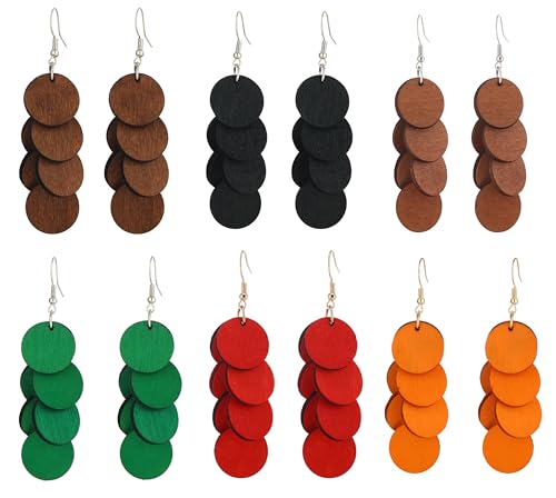 GANDC Multi-Color Wooden Disc Dangle Earrings, Boho Layered Round Drop Earrings for Women, Lightweight Statement Jewelry for Festival, Party, Daily Wear