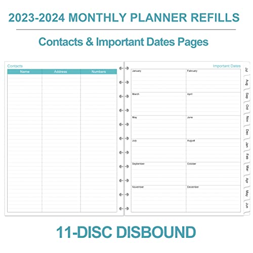 2023-2024 Monthly Planner Refill, 18 Months Refill Planner Runs From July 2023 To December 2024, 11-Disc Discbound Refill Calendar, Two Pages Planner Refills With Tabs, Letter Size, 8.5" X 11", Leaf #TOP4