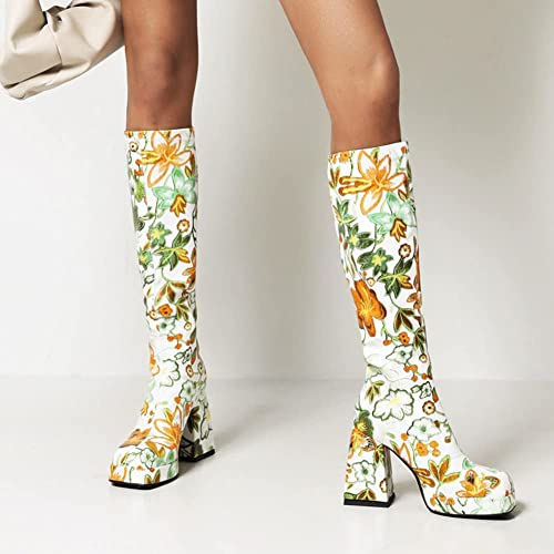 So Simpok Women Flower Knee High Boots Chunky Heel Square Toe Goth Platform Boots Combat Riding Boots Gogo Boots #TOP1
