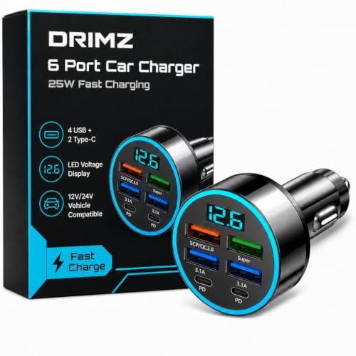 Image of DRIMZ 6 Port Fast Car Charger | 4 USB + 2 Type-C Car Charger Adapter with Digital Voltage Display | 25W Fast Charging Car Mobile Charger for iPhone & All 12V /24V Vehicles