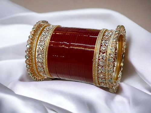 Women's Rose Royal Bridal AD Chuda Set with Wooden Bangle Box