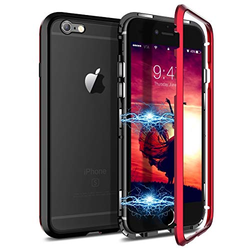 CE-Link Cover iPhone 6 Cover iPhone 6s, Custodia Adsorbimento Magnetica Protezione a 360 Gradi per Tutto Il Corpo Rigida in Vetro Trasparente Temperato - Rosso + Nero