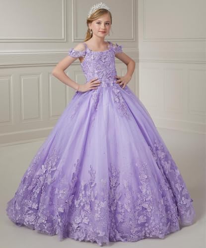 Girls Pageant Dress with Puffy Tulle Princess Off Shoulder Lilac Long Prom Ball Gown PT0862