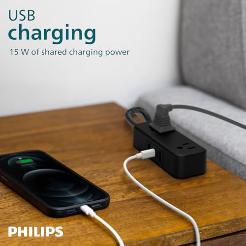 Philips 2-Outlet Braided Extension Cord, 1 USB-C, 2 Type-A Ports