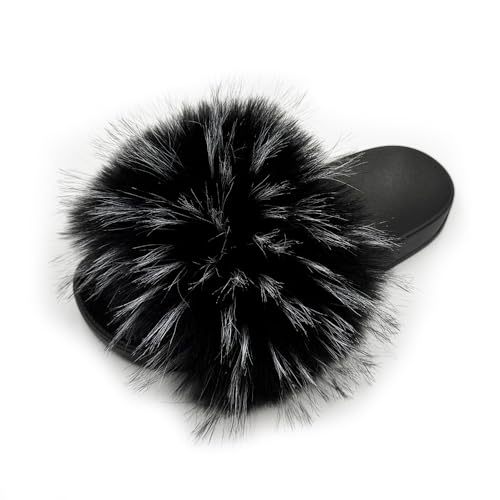 Image of Women's Faux Fur Slides Slippers Fluffy Fuzzy Sandals Open Toe Furry Slide Flip Flop Indoor Outdoor