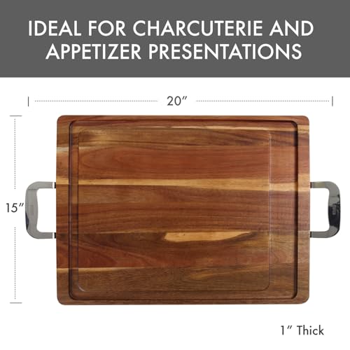 Tabla de Cortar y Servir de Madera de Acacia Dexas con Asas de Acero Inoxidable – Tabla Grande de 20 x 15 pulgadas para Quesos, Carnes, Aperitivos y Snacks – Bandeja Duradera de Corte y Servicio para Cocina y Entretenimiento miniatura 2
