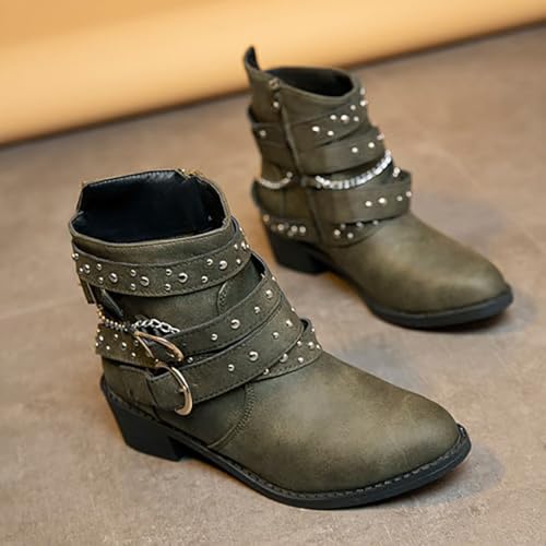 Image of DirraBra Women's Goth Leather Block Heel Ankle Boots Fashion Studded Ankle Strap Trim Punk Boots Winter Side Zipper Motorcycle Short Booties