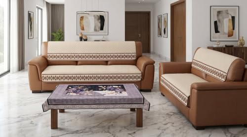 Image of Beige Velvet Sofa Mat, 3+2 Set | Full Cover for Seat & Back, Anti-Skid, Machine Washable